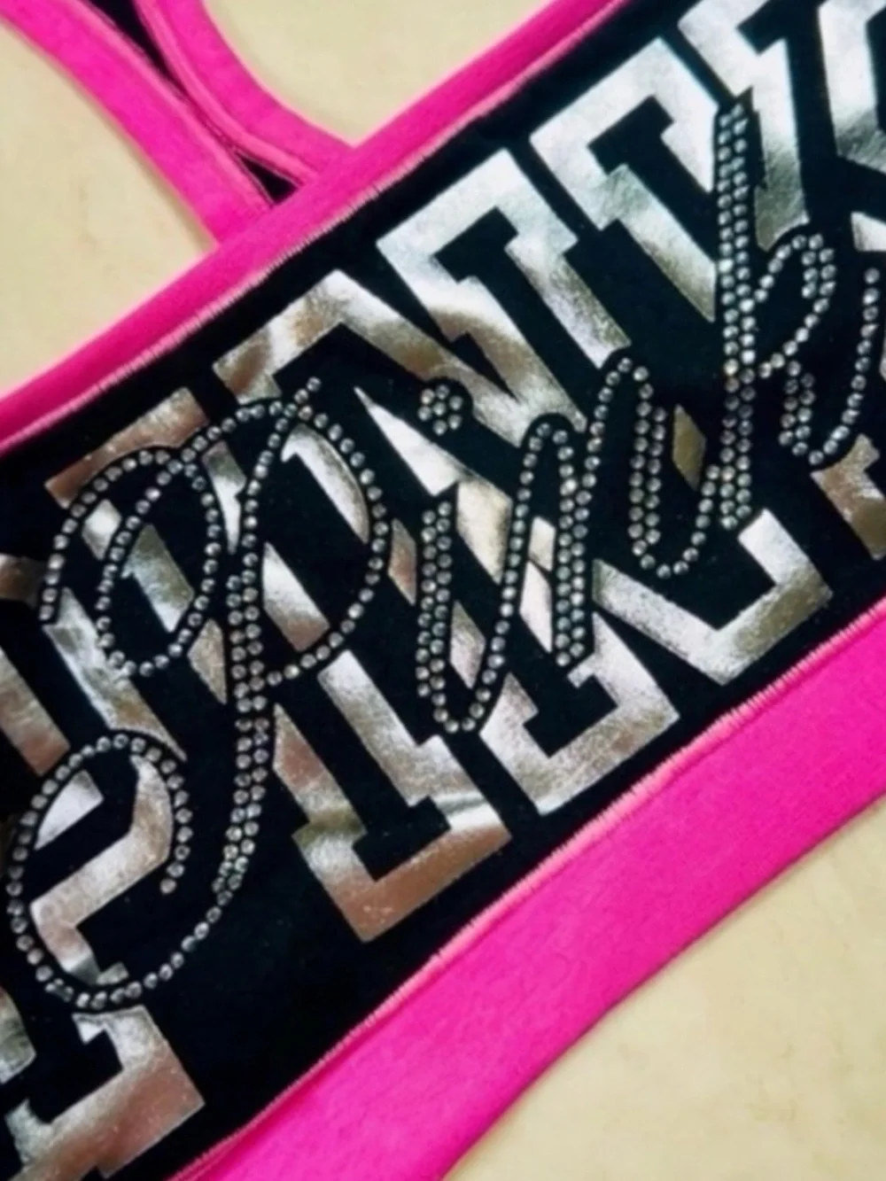 PINK VICTORIA’S SECRET Cotton Dorm Racerback Black Pink Bling VIRAL Bralette XL - Picture 9 of 12